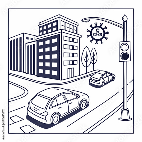 Title: Urban street scene with buildings cars traffic light and virus in city environment