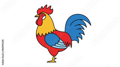 Vibrant cartoon rooster illustration with bright red, yellow, and blue feathers, a cheerful graphic design representing farm life and poultry art