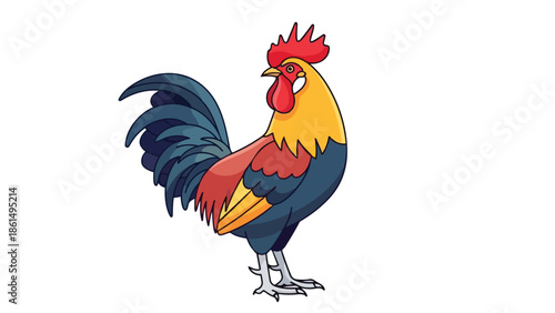 Vibrant cartoon rooster illustration with colorful plumage and proud stance on a white background