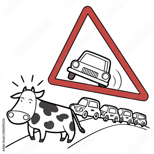 Title: A cow standing in front of a traffic sign with cars waiting in a line behind it