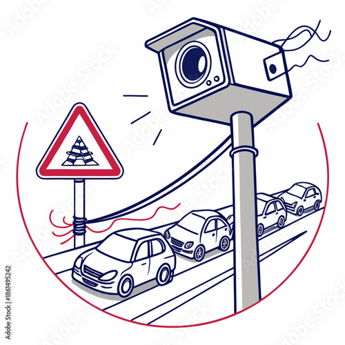 Title: A surveillance camera monitoring traffic with a slippery road warning sign