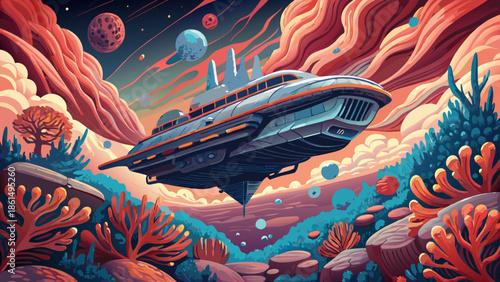 A massive organic spaceship with coral-like textures and natural curves, drifting peacefully through space, illustrated in modern vector style.