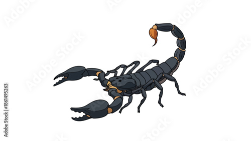 Stylized vector illustration of a predatory black scorpion with prominent claws and a raised stinger