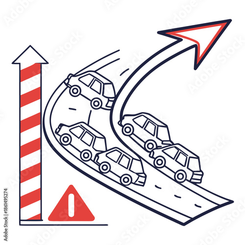 Title: A group of cars sliding down a steep road with a red and white striped barrier and a red