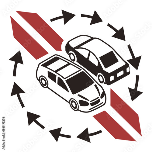 Title: A car surrounded by multiple arrows pointing in different directions with red and white