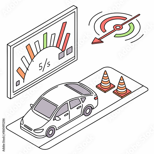 Title: Isometric of a car with a speedometer showing 5 seconds and three orange traffic cones on