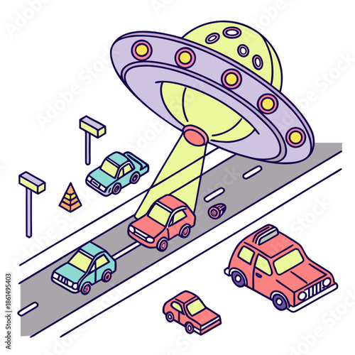 Title: A flying saucer with a light beam scanning cars on a road with traffic cones and streetlights