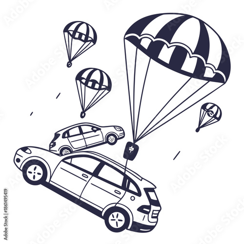 Title: A group of four cars connected by parachutes floating in the sky with a large parachute in