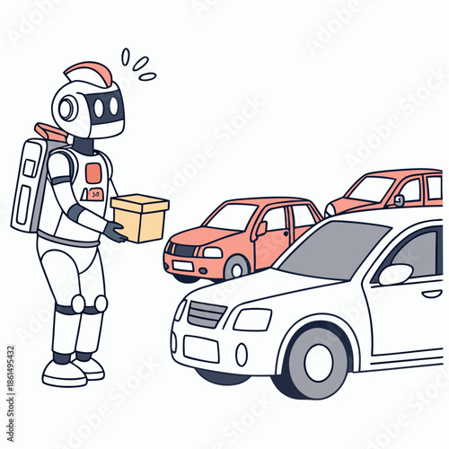 Title: A robot delivering a package to a car with an open trunk in a parking lot