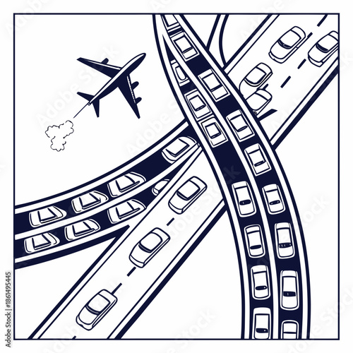 Title: An aerial view of a busy intersection with multiple lanes of traffic and an airplane