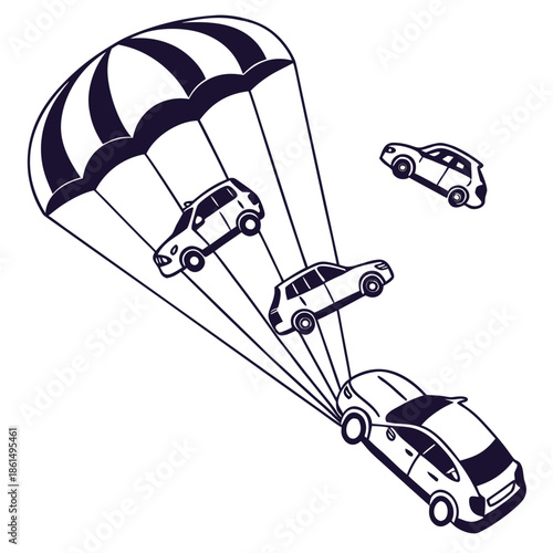 Title: Four cars connected by a single large parachute floating in the sky with a white background