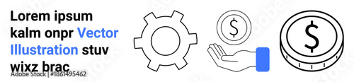 Gear, hand holding coin, dollar coin outline reflecting finance, savings, and mechanisms. Ideal for economy, banking, investment, business tools fundraising commerce simple landing page