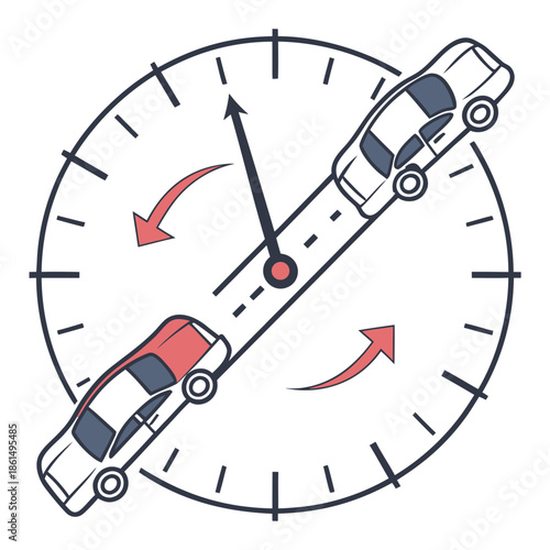 Title: Two cars driving in opposite directions on a circular road with arrows indicating movement