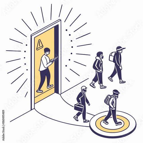 Title: People walking out of a building with rays of light emanating from the doorway