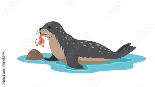 A charming cartoon spotted seal playing joyfully in water by a small rock an adorable marine mammal illustration expressing pure happiness and delight