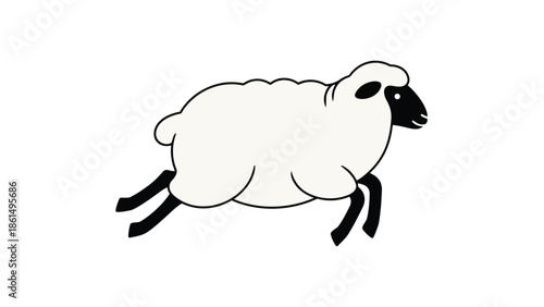 Vibrant cartoon sheep playfully leaping across a pristine white backdrop, a simple yet engaging minimalist illustration capturing pure,