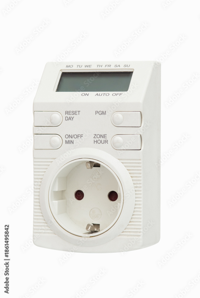 Obraz premium Digital programmable socket timer with LCD display and control buttons, isolated on white background for energy saving automation.