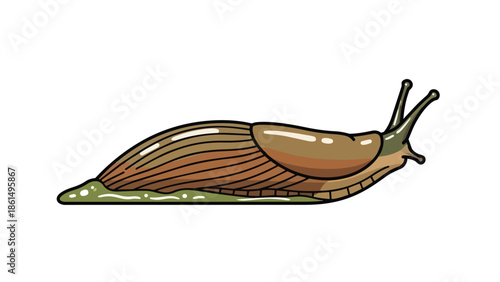 Vivid cartoon slug illustration featuring a brown body, distinctive mantle, and expressive eyestalks, leaving a subtle shimmering trail on an