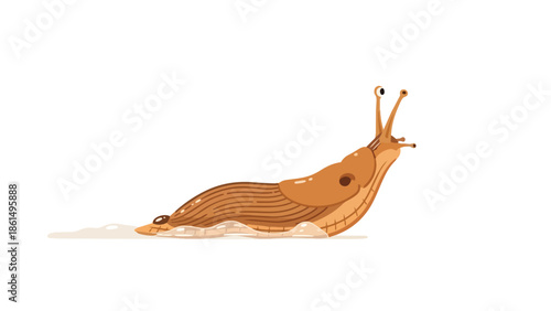 Charming animated garden slug illustration with brown hues slowly moving across a clean white surface
