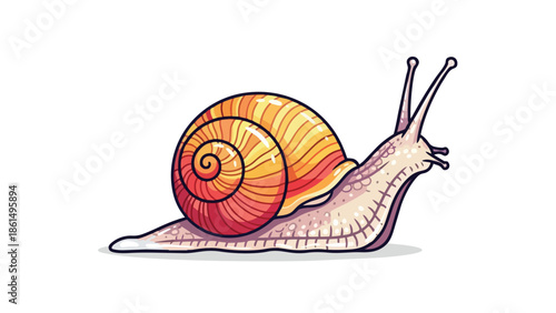 A vibrant illustration of a garden snail with a distinct spiral shell pattern gliding on white