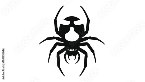 A sleek minimalist arachnid emblem rendered in stark black against a pure white backdrop presenting an iconic graphic insect form ideal for