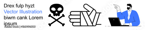 Danger warning, approval, digital interaction, life choices, decision making, online presence. Skull and crossbones beside thumbs-up icon and man at a laptop. Danger warning and approval in focus