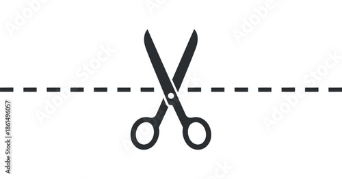 A simple illustration featuring a pair of open scissors positioned above a dashed line