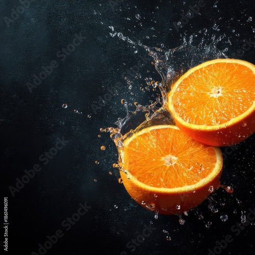Two fresh orange halves with water splash on textured background
