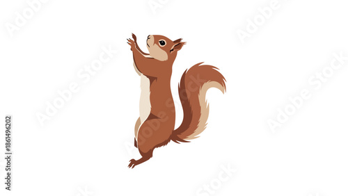 Cartoon squirrel standing on hind legs, paws up, looking above. Simple vector illustration of a curious woodland creature with a bushy tail,