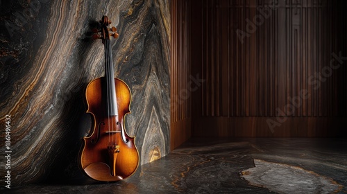 Violin leaning against a dark marble wall in an elegant interior