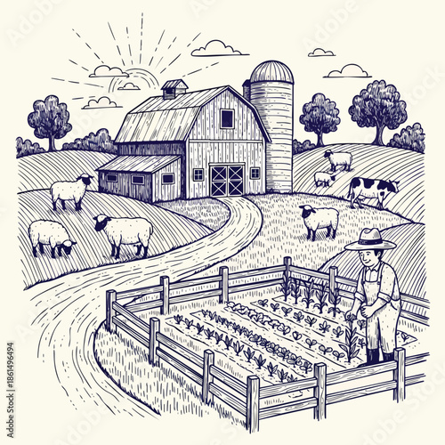 Farmer Tending Vegetable Garden Near Barn with Animals.