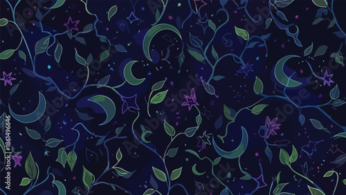Mystical celestial pattern, crescent moons and stars, enchanted floral vines, cosmic nature design, dreamy night texture, flat vector illustration
