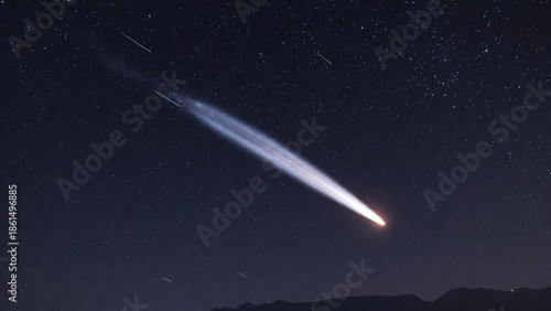Bright streaking plume illuminates dark starry night sky scene