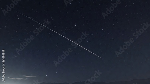 Meteor streaking across a dark, star-filled night sky over peaks