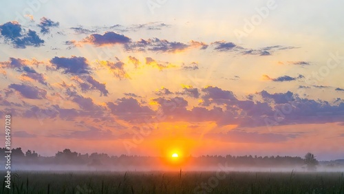 Radiant sunrise lights up misty field under vibrant cloudy sky
