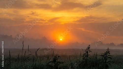 Vibrant golden sunrise over a misty field with dew-kissed foreground