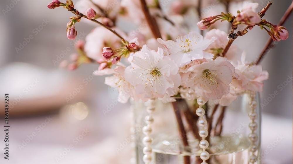 Naklejka premium A vase brimming with pink blooms sits atop a table adjacent to a vase holding white and pink blossoms