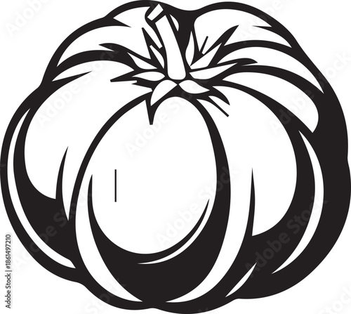 Classic black and white line art illustration of a plump autumn pumpkin