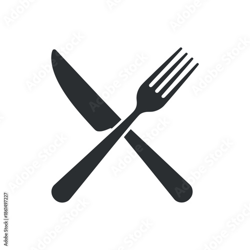A simple black and white illustration of a crossed knife and fork icon