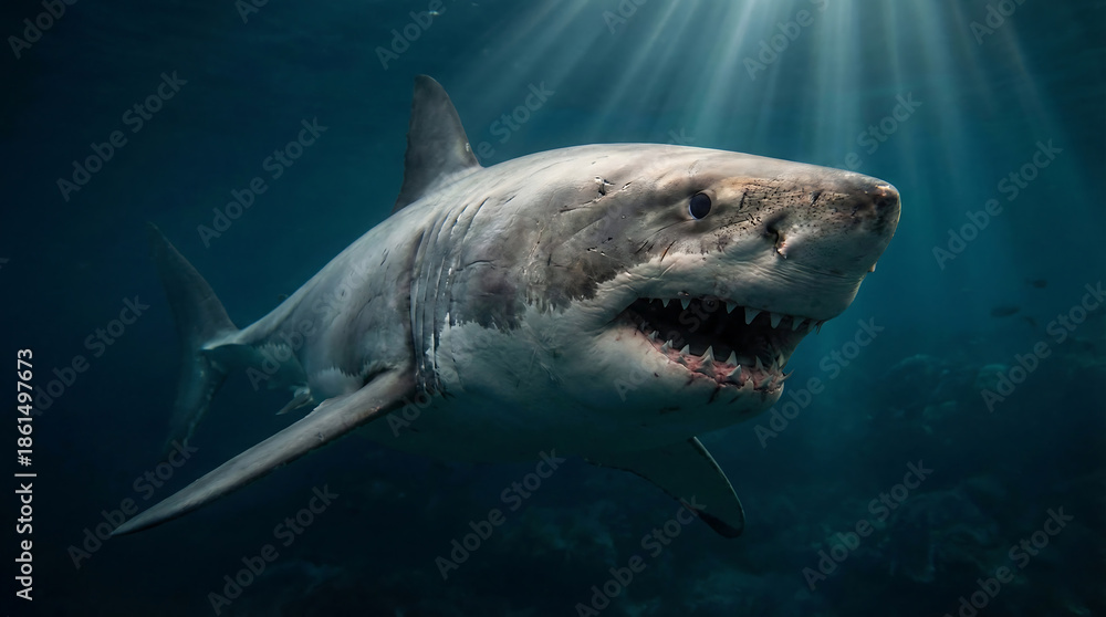 Fototapeta premium Profile View of a Massive Great White Shark Gliding Through the Sea