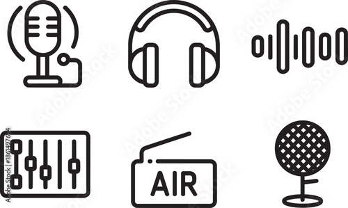 Broadcasting radio line icons set with microphone headphones sound equalizer air signal
