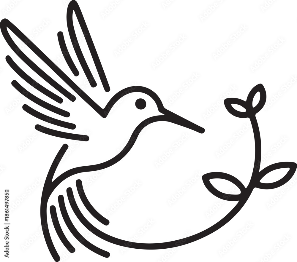 Obraz premium Hummingbird Silhouette Feeding on Flower, Minimal Vector Nature Icon