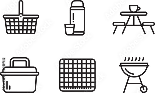 Picnic equipment line icons set with basket thermos table grill and mat on checkered background