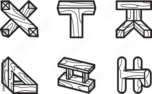 Wooden construction elements icons for carpentry, building structures, and joinery