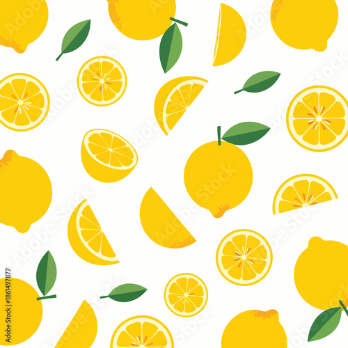 Bright Yellow Lemons Whole and Sliced with Green Leaves.