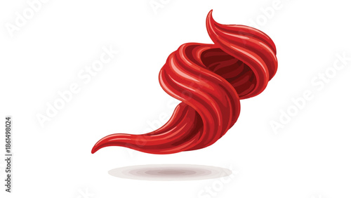 Dynamic crimson swirling abstract form isolated on white, showcasing lustrous curves and a vibrant, energetic aesthetic with subtle shadow below.