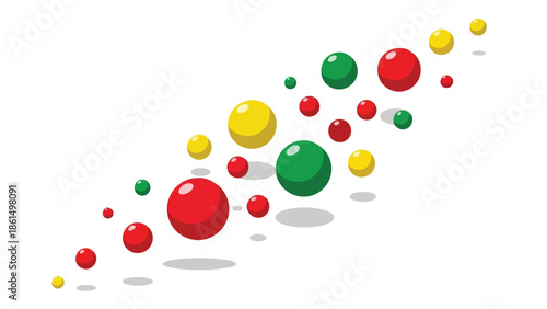 A vibrant vector illustration displaying a dynamic diagonal flow of glossy, multicolored spheres of diverse sizes, each casting a soft shadow on a