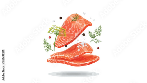 Freshly prepared salmon fillets with vibrant green dill, peppercorns, and sea salt