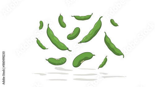 A vibrant illustration of fresh green legumes, broad beans and edamame, scattered dynamically on a crisp white backdrop. It emphasizes natural