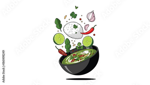 Dynamic illustration of spicy green curry components assembling in a bowl for a fresh meal presentation